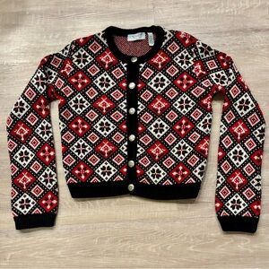 Old Navy Fair Isle Cropped Cardigan Red Black White Vintage 90s Size Medium